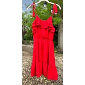 Moon River Women's Small Red Ruffled Mini Dress, Boho, Festival‎ Tassel Tie EUC